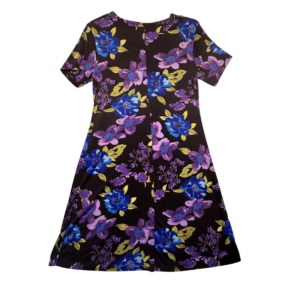 Vintage White Stag Floral Print Dress Stretch Short Sleeve Purple Blue Women's M - Picture 2 of 6